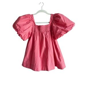 Maeve Anthropologie Pink Smocked Square Neck Puff Sleeve Cotton Blouse Women's S